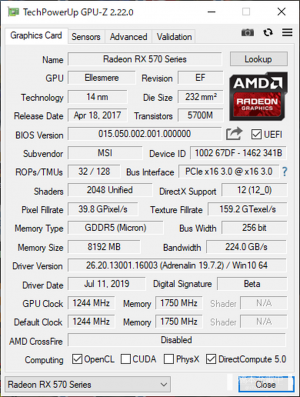 GPU-Z MSI Radeon RX 570 ARMOR 8G
